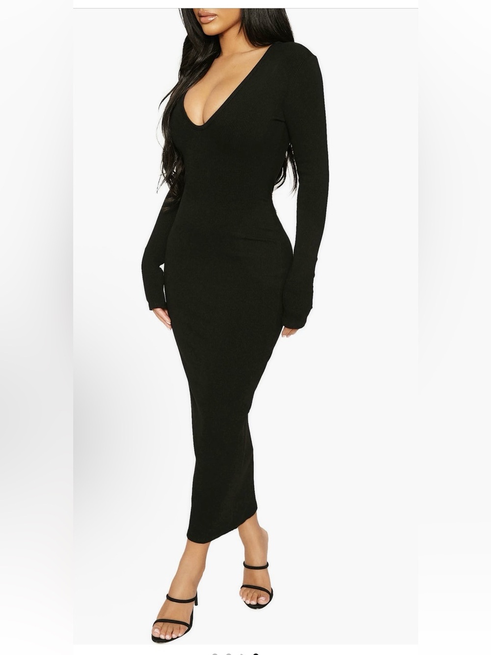 Naked Wardrobe SO V-ERY SNATCHED Black Long Sleeve V-Neck Bodycon Midi Dress